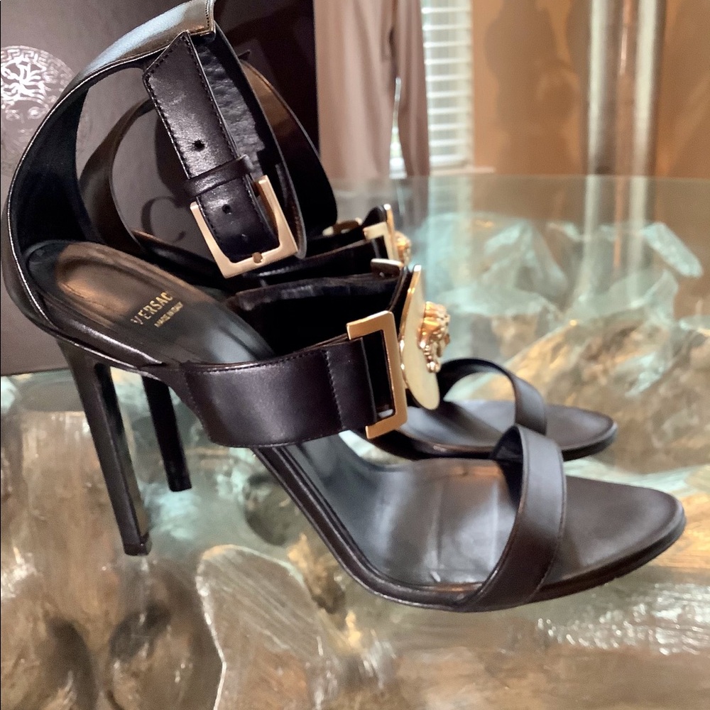 Versace Black Gold Medallion Sandals - Picture 5 of 10